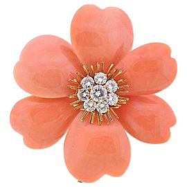 Van Cleef & Arpels France Coral Diamond Gold Flower Brooch Pin