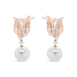 14K Rose Gold 1/6 Cttw Round Diamond and 8mm Round Pearl Floral Drop Stud Earrings (H-I Color, I1-I2 Clarity)