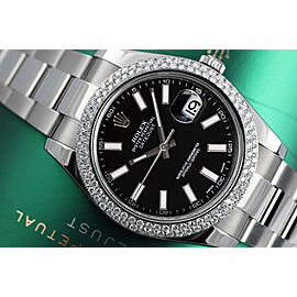 Rolex Datejust 41mm Black Index Dial Stainless Steel Diamond Bezel Mens Luxury Watch