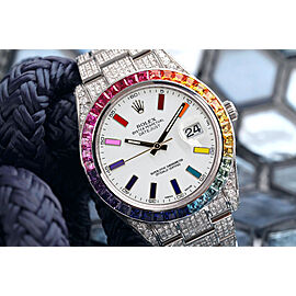 Rolex Datejust II 41mm Stainless Steel Fully Iced Out Watch with Rainbow Bezel and Rainbow Dial