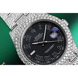 Rolex Mens Datejust II 41mm Stainless Steel Black Roman Factory Dial Custom Fully Diamond Watch