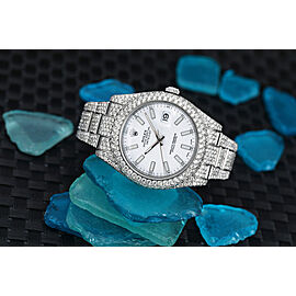 Rolex Mens Datejust II 41mm Stainless Steel White Index Dial Fully Iced Out Watch