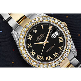 Rolex Datejust 41 Stainless Steel and 18k Yellow Gold Watch Factory Black Roman Dial Custom Diamond Bezel and Diamond Case