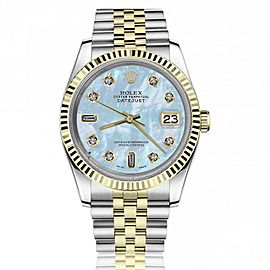 Women's Vintage Rolex 36mm Datejust Two Tone Baby Blue MOP Mother Of Pearl Baguette Diamond Dial