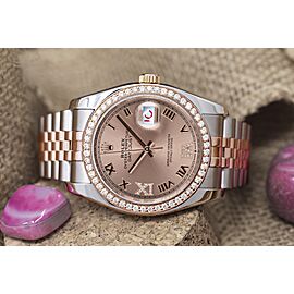 Rolex Datejust Two Tone Stainless Steen and Rose Gold Watch Pink Roman Diamond Dial Diamond Bezel