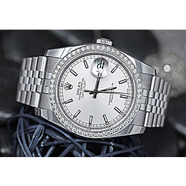 Rolex 36mm Datejust Silver Index Dial with Custom Diamond Bezel Stainless Steel Jubilee Hidden Clasp