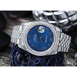 Rolex 36mm Datejust Rare Blue Anniversary Logo Dial with Custom Diamond Bezel Stainless Steel Jubilee Hidden Clasp