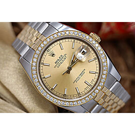 Rolex 36mm Datejust Champagne Index Dial with Diamond Bezel Two Tone Watch Jubilee Hidden Clasp