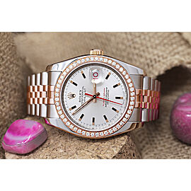 Rolex Datejust Turn-O-Graph Two Tone Stainless Steen and Rose Gold Watch Silver Dial Diamond Bezel 36mm