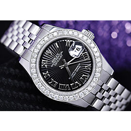 Rolex Datejust 26mm Black Sundust Dial Diamond Bezel Steel Ladies Watch