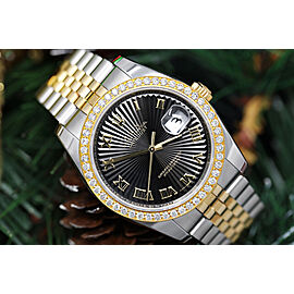 Rolex 36mm Datejust Black Sundust Roman Dial with Diamond Bezel Two Tone Unisex Watch Jubilee Hidden Clasp