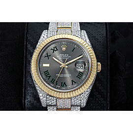 Rolex Datejust II 41 Two Tone Yellow Custom Diamond Watch Original Fluted Bezel Original Wimbledon Dial