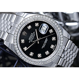 Rolex 36mm Datejust Factory Black Diamond Dial with Custom Diamond Bezel Stainless Steel Jubilee Hidden Clasp
