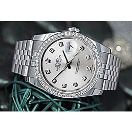 Rolex 36mm Datejust Factory Silver Diamond Dial with Custom Diamond Bezel Stainless Steel Jubilee Hidden Clasp