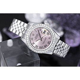 Rolex Lady-Datejust Steel Watch Pink Roman Dial Diamond Bezel Ladies Watch