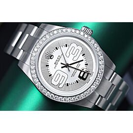 Rolex Oyster Perpetual Ladies Stainless Steel Watch with Diamond Bezel Silver Dial