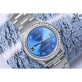 Rolex Oyster Perpetual Blue Dial Ladies Stainless Steel Diamond Watch