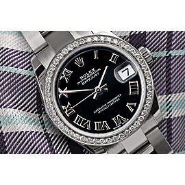 Rolex Datejust Stainless Steel Ladies Watch with Black Roman Dial snd Diamond Bezel