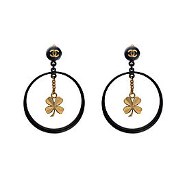Chanel Gold Tone Hardware Black CC Cutout Drop Clover Hoop Clip On Earrings