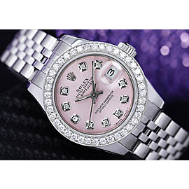 Rolex Datejust 26mm Pink Custom Diamond Dial Diamond Bezel Steel Ladies Watch