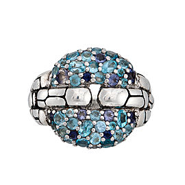 John Hardy Sterling Silver Metallic Kali Lagoon Blue Topaz and Iolite Squarelink Ring Size 7.25