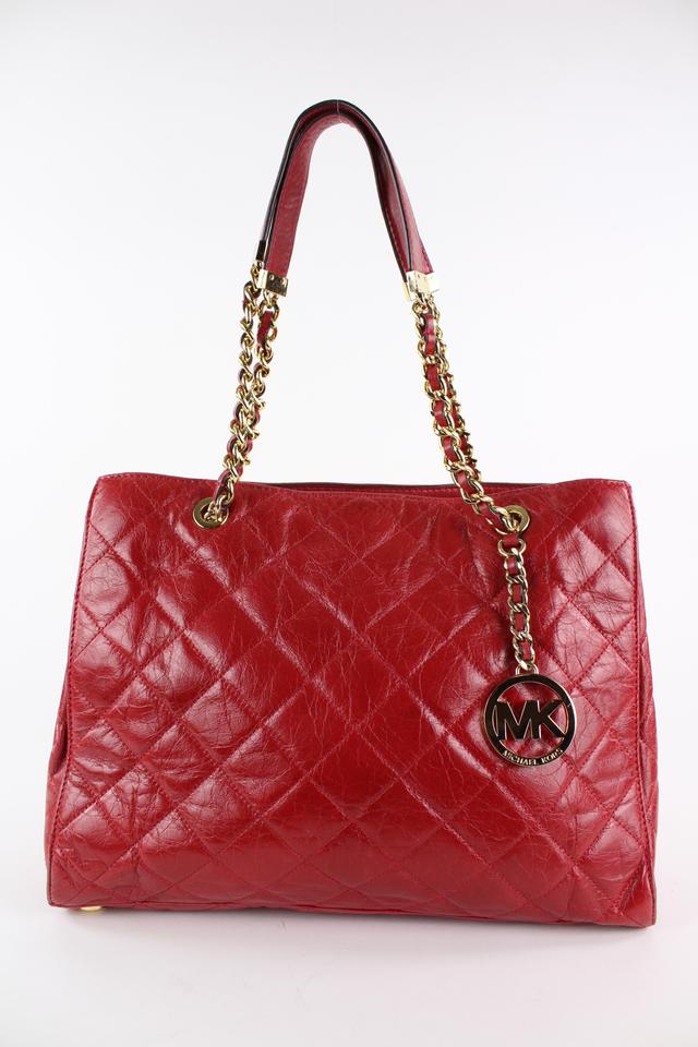 Michael Kors Quilted Red Leather MK Charm Susannah Chain Shopper Tote Bag 19MK1229