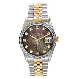 Rolex Men's Datejust Two Tone Custom Diamond Bezel & Dark Pearl Diamond Dial