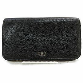 Salvatore Ferragamo Black Gancini Logo Zip Around Wallet Long Zippy Caviar Leather 860595