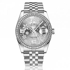Rolex 36mm Datejust Silver Flower Dial with Custom Diamond Bezel Stainless Steel Jubilee Hidden Clasp 116234