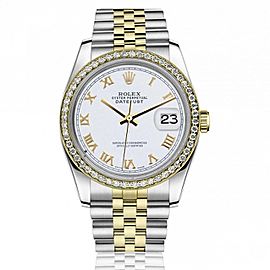 Rolex 36mm Datejust with Round Diamond Bezel & White Roman Numeral Dial Two Tone Jubilee Watch 116233