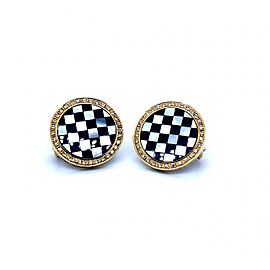 Checkered Mother of Pearl and Diamond Clip Stud Earrings 18K Yellow Gold