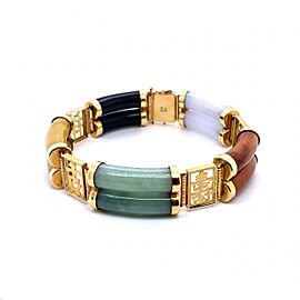 Vintage Carved Multi Color Jade Five Link and 14K Yellow Gold Bracelet