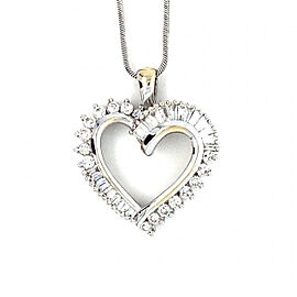 1.00ctw Round and Baguette Diamond Heart Pendant Necklace 18K White Gold 19"