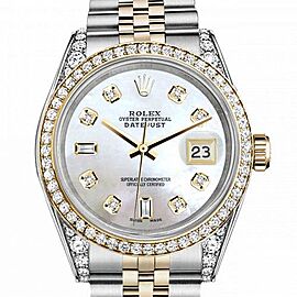 Rolex 36mm Datejust Diamond Bezel & Lugs White Mother Of Pearl Dial with Round & Baguette Numbers